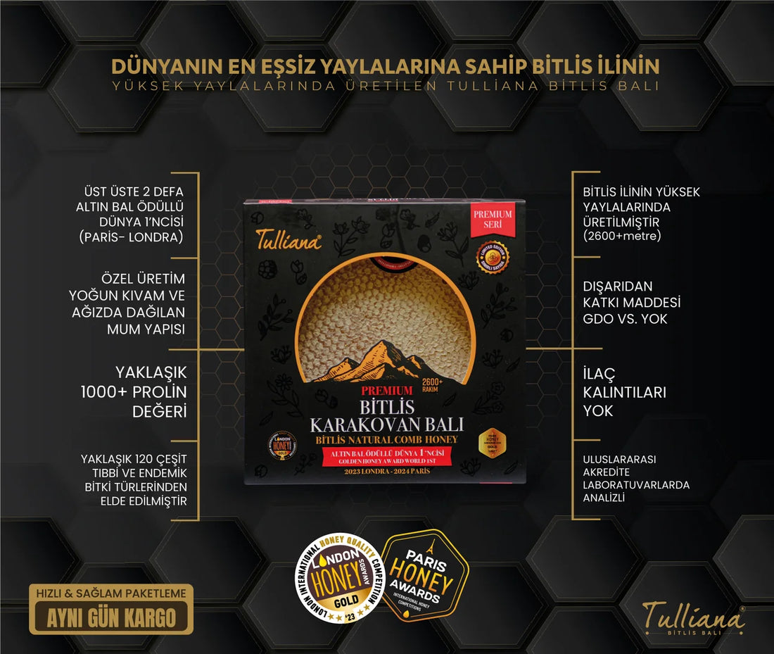 Tulliana Premium Polifloral (Çok Çiçekli) Organik Bitlis Karakovan Balı 1200-1300g (Altın Bal Ödüllü)