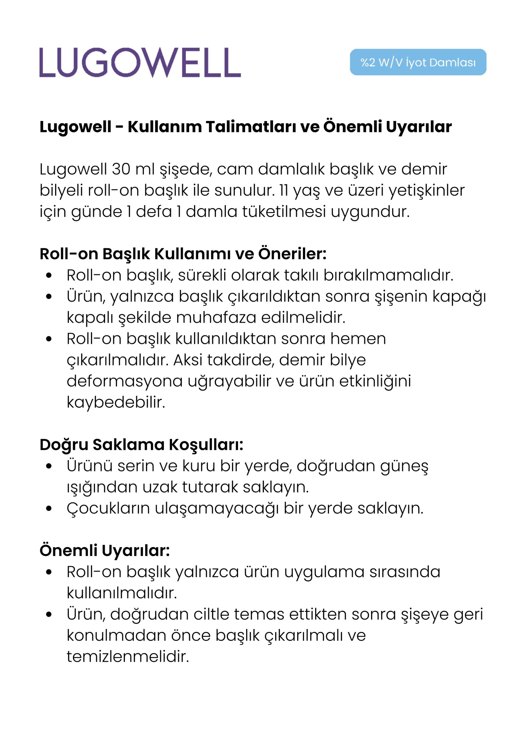 PİPET VE ROLL-ON başlıklı Iyot - Lugowell %2  İyot Damlası